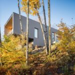 Minimalistický dom s tmavosivým vertikálnym obkladom na svahu obklopený husto zalesneným jesenným porastom.