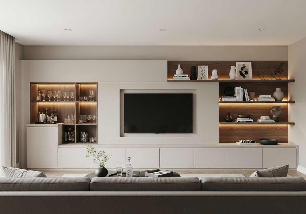 Obývačková stena s televíziou, úložným priestorom a barom.