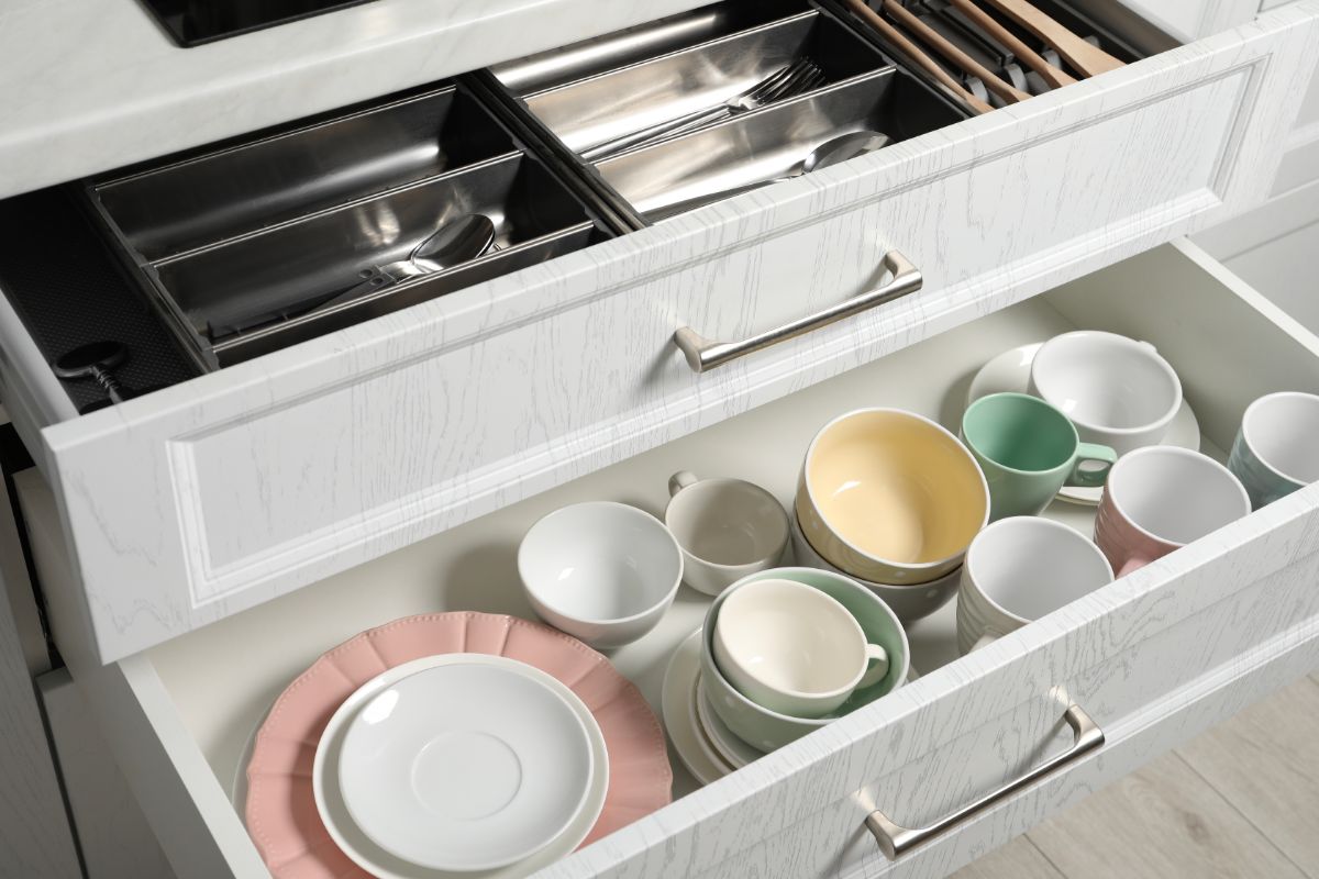 Zásuvky s hrnčekmi, šálkami a tanierikmi.