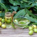 Nimbový olej v miske a fľaštičke.