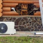 Moderné tepelné čerpadlo na zemi pred drevenou zrubovou stenou s kamenným základom a kovovým mrežovaným okienkom.