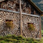 Rustikálna drevená kôlňa so stenami úplne vyskladanými z naštiepaného dreva a dvoma malými okienkami s kvetmi.