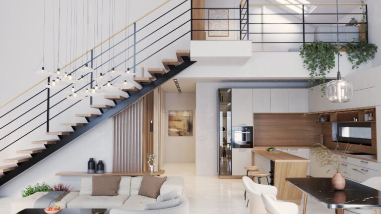 Moderná kuchyňa s jedálenským stolom a sedačkou pod schodmi na galériu.