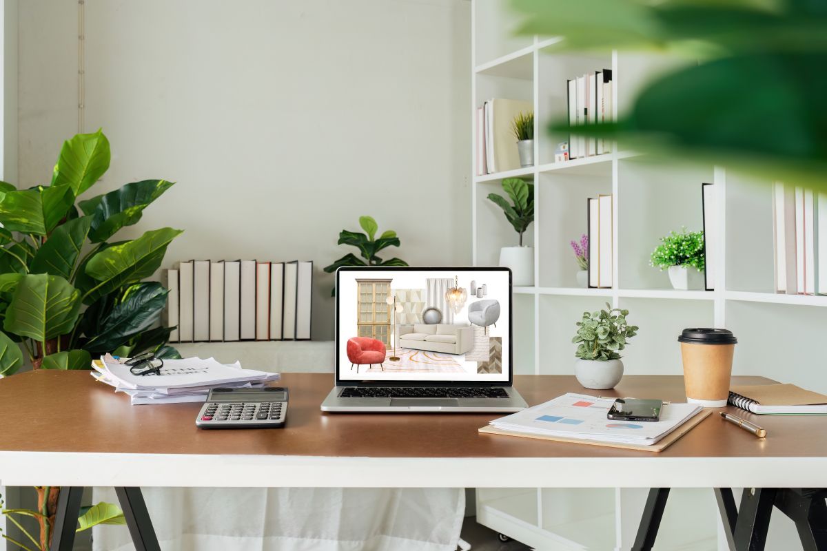 Pracovný stôl s notebookom zobrazujúcim inšpiračnú koláž interiérových prvkov a rastlín na policiach.