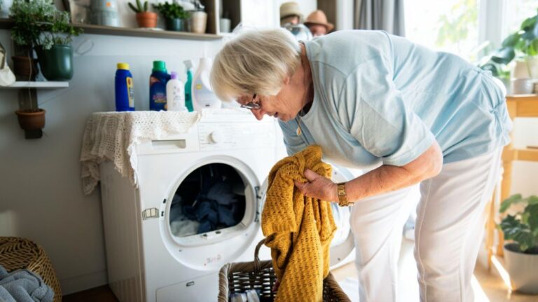 Stará žena pri nakladaní práčky.