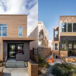 Koláž dvoch fotografií radového mestského domu s drevenou fasádou spredu aj zozadu.