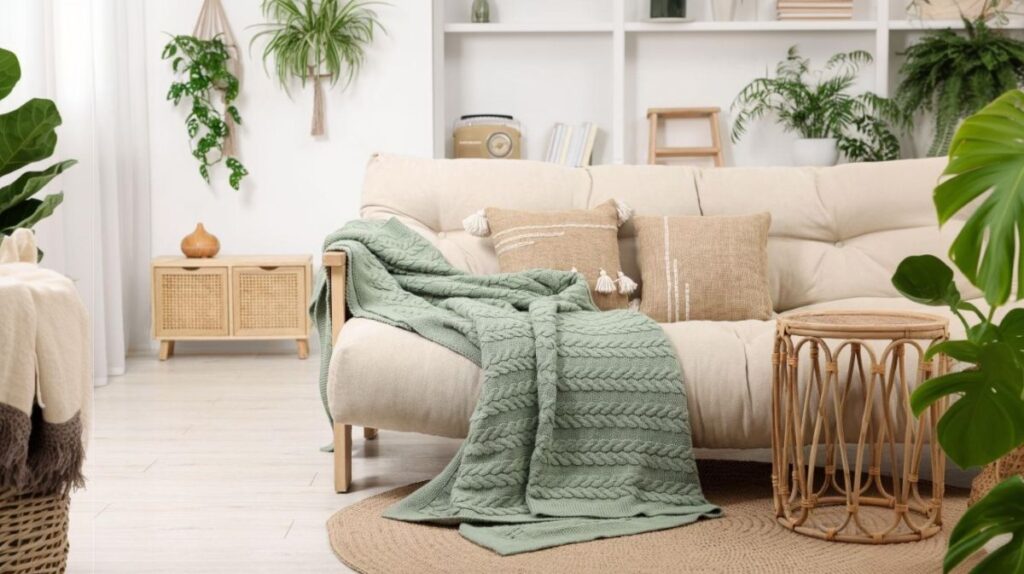 Zelená deka na svetlom komfortnom gauči.