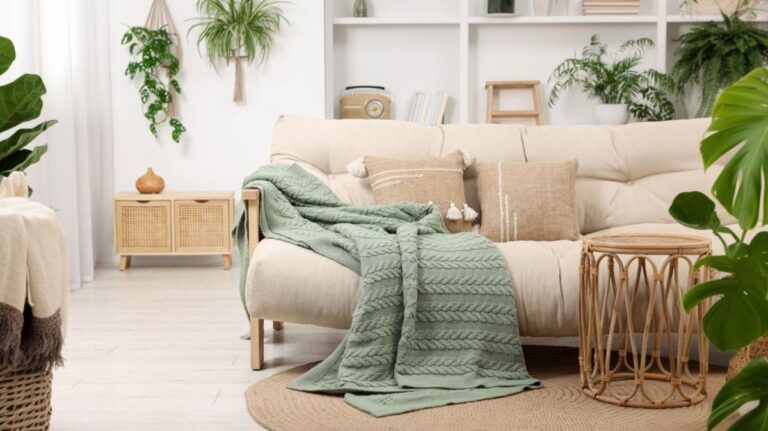 Zelená deka na svetlom komfortnom gauči.