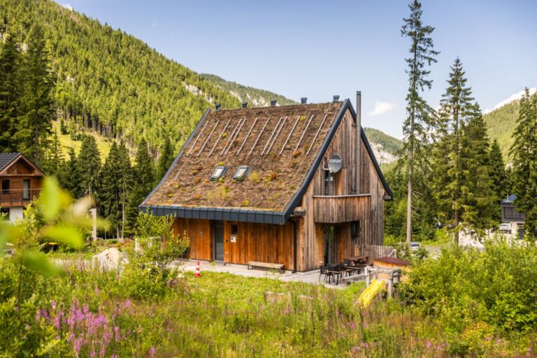 Drevená chata so šikmou zelenou strechou a priestrannou terasou v slnečnej horskej prírode.