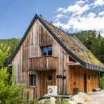 Drevená chata so zelenou vegetačnou strechou v slnečnom prostredí lesa.