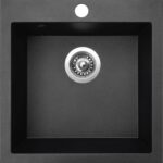 Pohľad zhora na drez v čiern0obielej farbe.