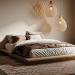Nízka drevená posteľ v japandi štýle s pletenými ratanovými svietidlami nad štruktúrovaným vlneným kobercom