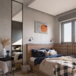 Moderná izba s dreveným rohovým lôžkom a vysokým čiernym zrkadlom na stene so sivou betónovou stierkou.