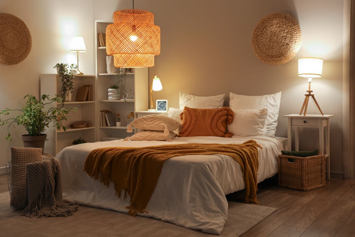 Útulná spálňa s pletenou horčicovou dekou a vrstveným ratanovým svietidlom v blízkosti bielych knižníc.