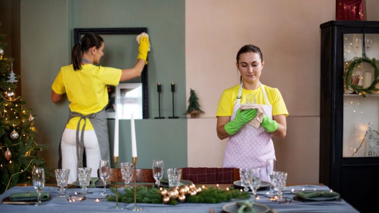 Žena v zhone pri upratovaní domácnosti.