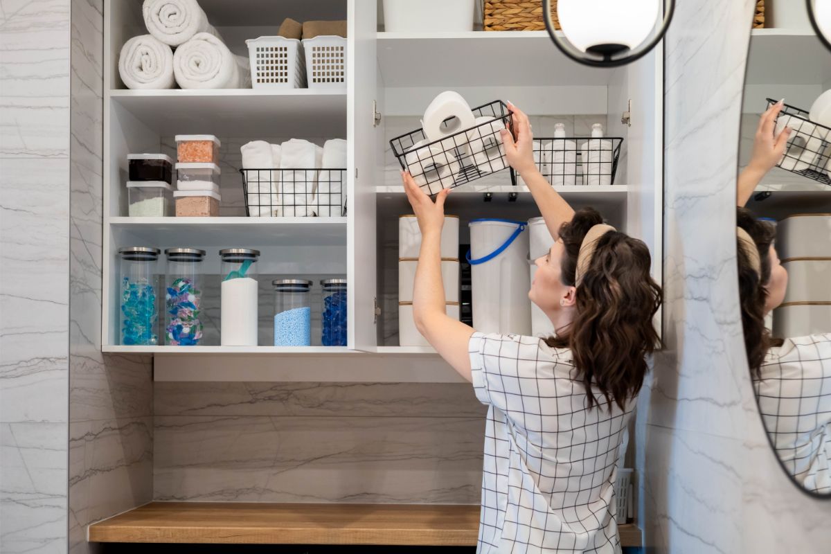 Žena ukladá do skrinky v kúpeľni košík s toaletným papierom.