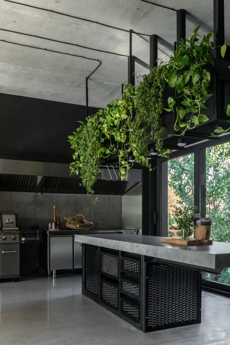 V dome sa nachádzajú dve kuchyne. Jedna je tradičná, druhá určená pre grilovanie. Tá druhá je zariadená v industriálnom duchu. Studenú kovovú konštrukciu oživuje a skrášľuje zeleň.