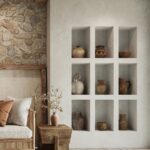 Časť miestnosti s hlinenou stenou s nikami, v ktorých sú hlinené nádoby.