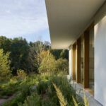 Časť bielej fasády domu s oknami s dreveným rámom pri bujnej zeleni.