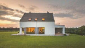 Moderný dom so sedlovou strechou a veľkoformátovými oknami.