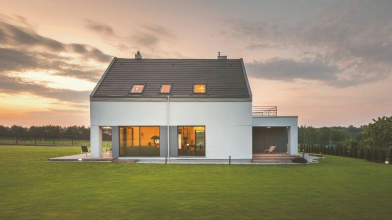 Moderný dom so sedlovou strechou a veľkoformátovými oknami.
