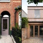 Radový mestský dom spredu s tehlovou fasádou a zozadu s dreveným obložením a presklenou prístavbou.