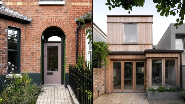 Radový mestský dom spredu s tehlovou fasádou a zozadu s dreveným obložením a presklenou prístavbou.