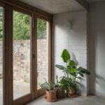 Interiér domu s rastlinami v terakotových kvetináčoch a pri presklených dverách.
