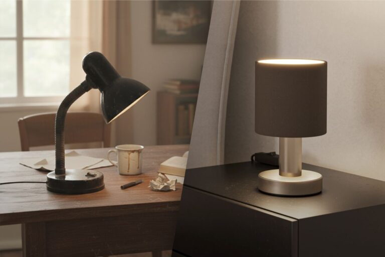 Fotografia starej lampy na drevenom stole a novej lampy na nočnom stolíku.