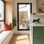 Svetlý kút s dreveným okenným parapetom, zelenou izbovou rastlinou a presklenými dverami na terasu.