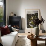 Čierny kovový krb v obývačke s bielou polstrovanou sedačkou na dubových parketách.