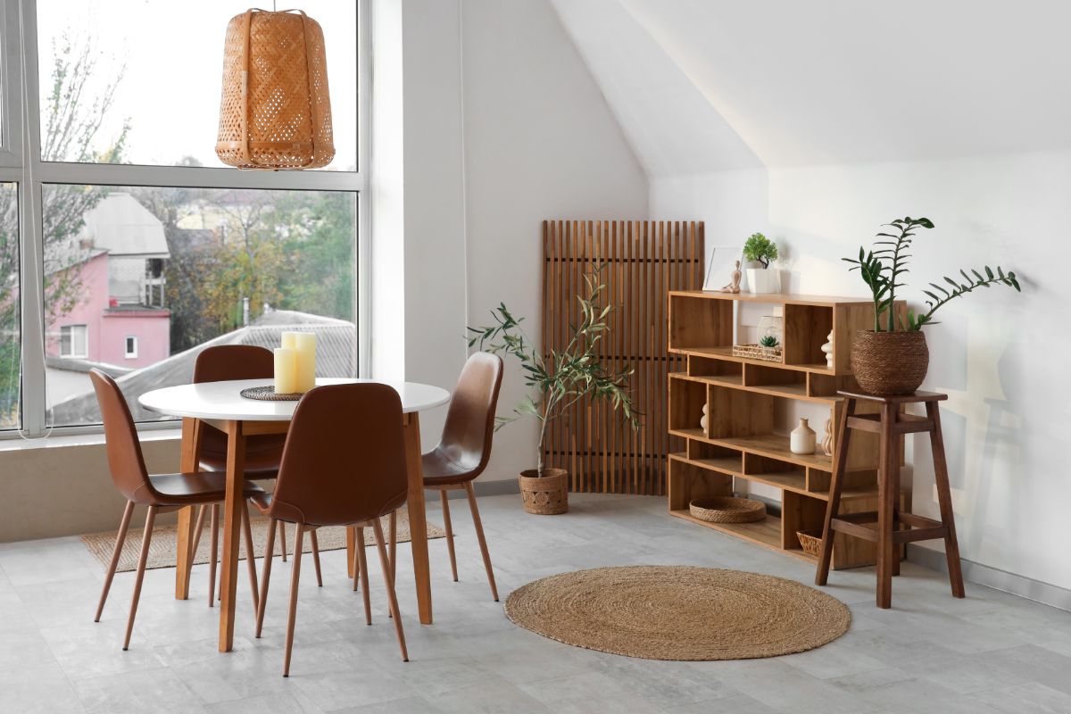 Biely okrúhly stôl, hnedé koženkové stoličky, drevený policový regál a pletené bambusové svietidlo.