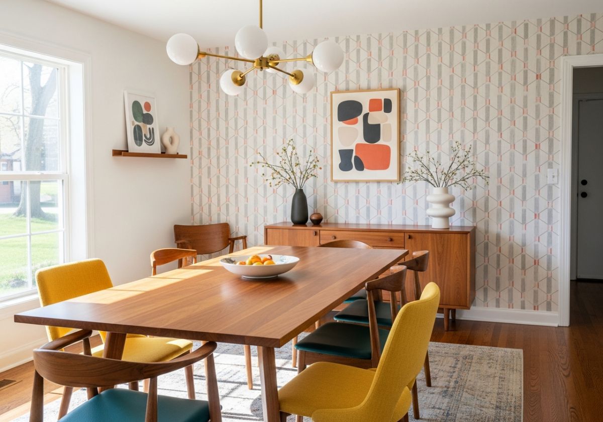 Moderný drevený stôl, žlté čalúnené stoličky, geometrická tapeta a mosadzný luster s bielymi guľami.