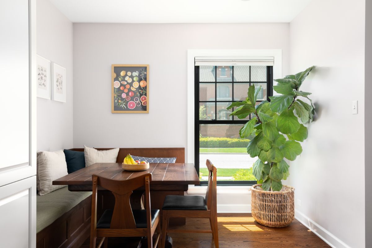 Drevený rohový kút, stôl z tmavého masívu, čierne kožené stoličky a veľký fikus v prútenom koši.