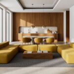 Kuchyňa spojená s jedálňou a obývačkou so skrinkami s tmavého dreva a horčicovými stoličkami.