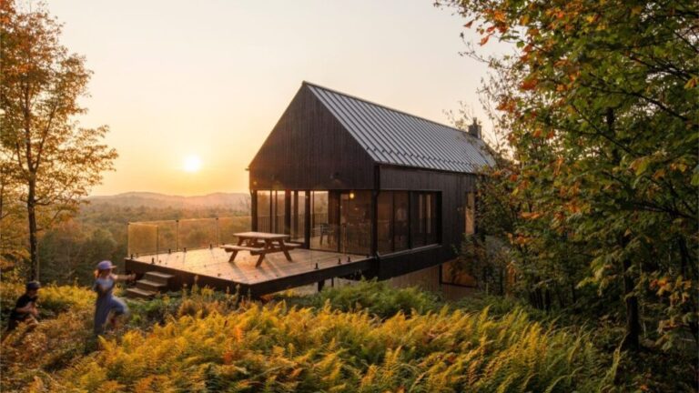 Malá moderná čierna chata s veľkou drevenou terasou a skleneným zábradlím pri západe slnka v lese.