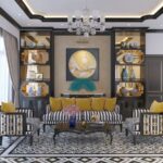 Interiér s historickým vzorovaným nábytkom. vzorovanou dlážkou, podsvietenou knižnicou a okázalým štýlom.