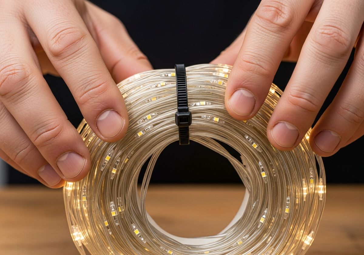 Ruky držiace zvinutý LED svetielka, zopnuté sťahovacou páskou.