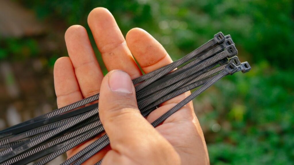 Ruka držiaca čierne sťahovacie pásky.