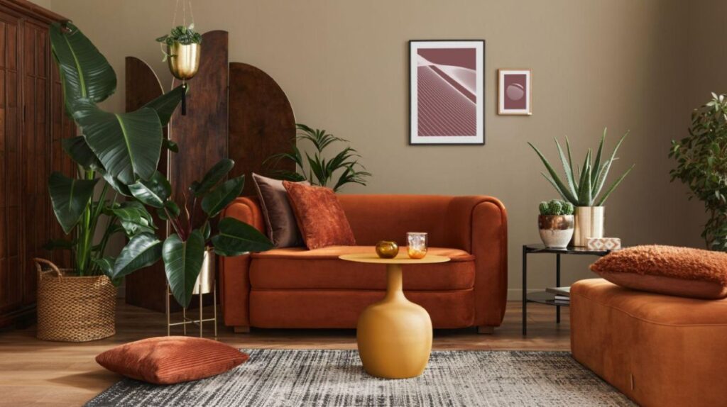 Oranžová zamatová sedačka, žltý kovový stolík, tmavý drevený paraván a veľké zelené izbové rastliny.