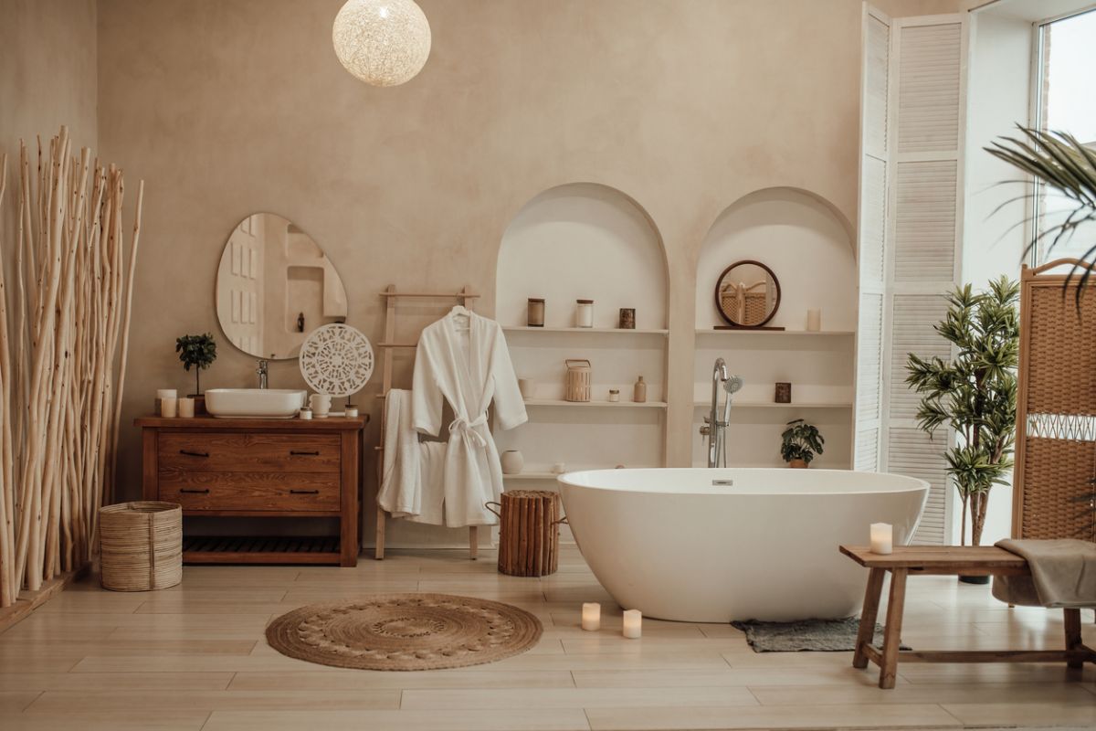 Voľne stojaca biela vaňa, oblúkové niky s policami, drevená komoda a okrúhle jutové zrkadlo v zemitej kúpeľni.