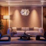 Moderná béžová sedačka, tmavý okrúhly stôl, drevený obklad s podsvietením a dizajnový biely luster.