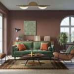 Zelená čalúnená pohovka, hnedé kožené kreslo, vínové steny a vzorovaný tkaný koberec v retro štýle.