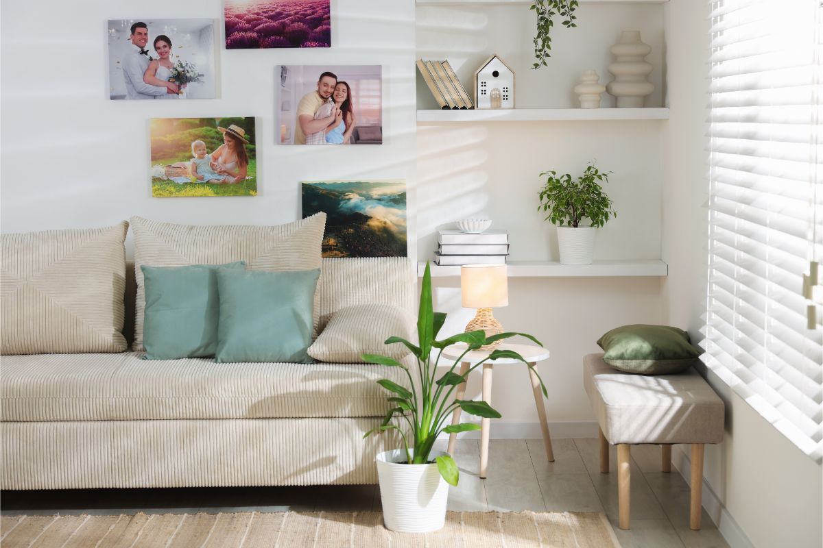 Svetlá menčestrová pohovka s tyrkysovými vankúšmi pod bielou stenou s osobnými fotografiami.