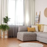 Rohová sivá pohovka so žltými dekoratívnymi vankúšmi pri okne s priesvitnými záclonami a závesmi.