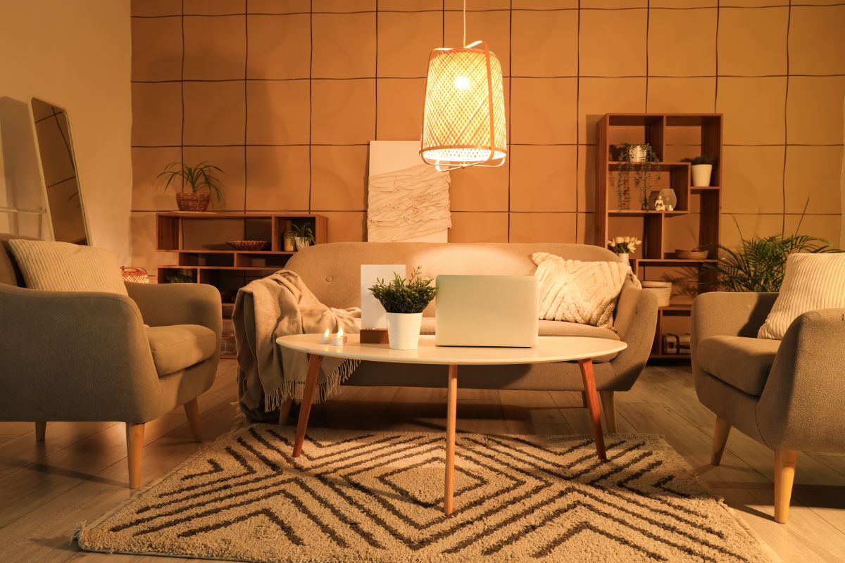 Béžová zaoblená sedačka s geometrickým vzorovaným kobercom a závesným prúteným svietidlom, vydávajúcim teplé žlté svetlo.