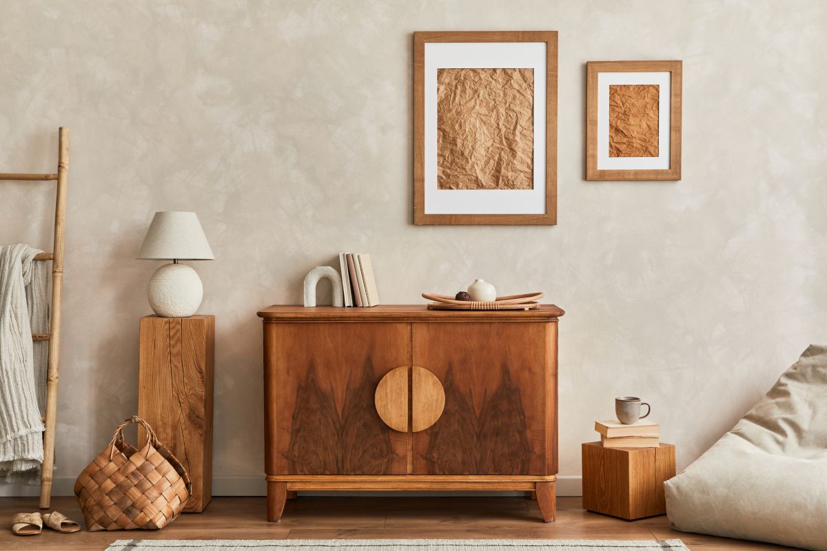Drevená komoda s polkruhovými úchytkami, béžová stierka na stene, ratanový kôš a minimalistické obrazy v drevenom ráme.