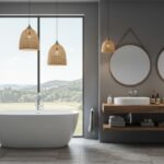 Voľne stojaca biela vaňa pri okne, dvojité umývadlá na drevenej polici a visiace ratanové svietidlá v sivej kúpeľni.