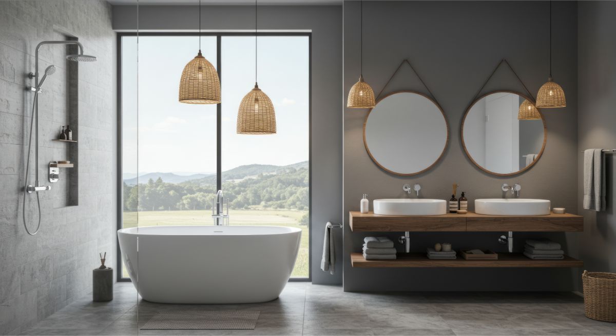 Voľne stojaca biela vaňa pri okne, dvojité umývadlá na drevenej polici a visiace ratanové svietidlá v sivej kúpeľni.