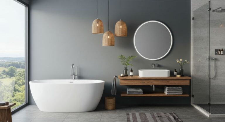 Moderná oválna vaňa, drevená podumývadlová konzola, okrúhle svietiace zrkadlo a tri prútené lustre na sivej stene